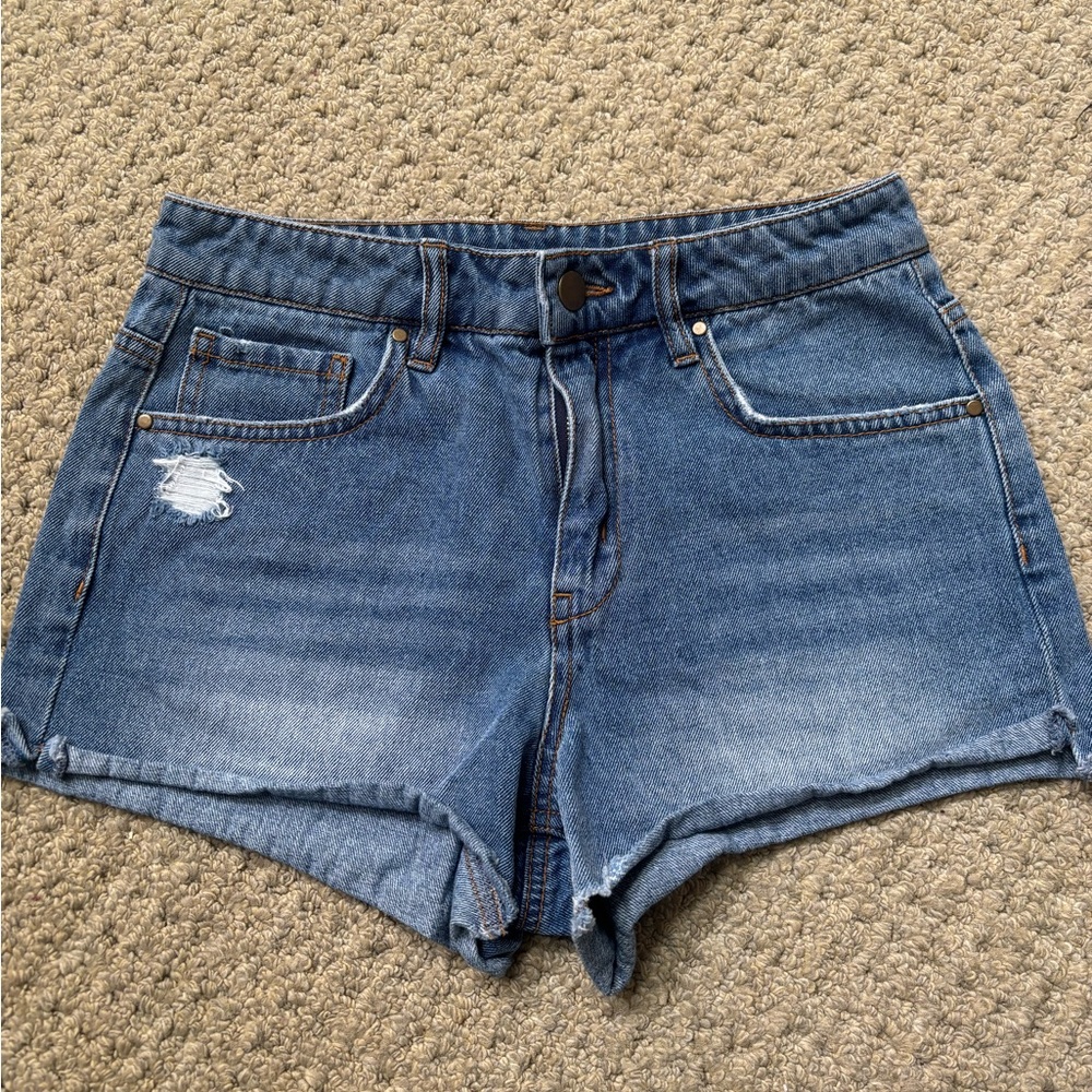 Lulu's Blue Jean Shorts with Cuffed Hem and Distressed Details